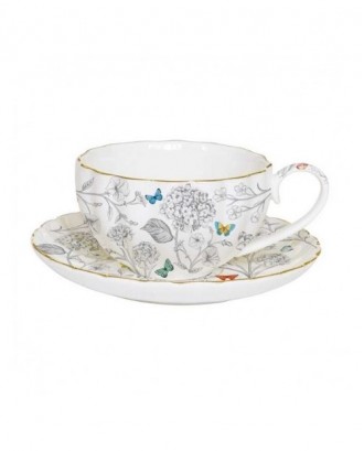Ceasca cu farfurioara pentru ceai, portelan, 200 ml, Fleurs & Papillons - SIMONA'S COOKSHOP